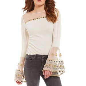Free People Womens High Tides Knit Blouse, Off-White Size SP